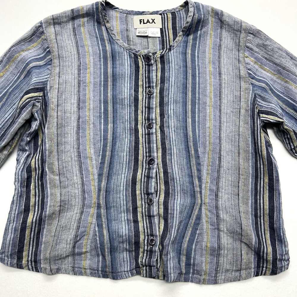 Flax Crop Linen Button Up Striped Shirt Size M Blue Yellow Lagenlook‎ Beach Boho - Picture 3 of 10